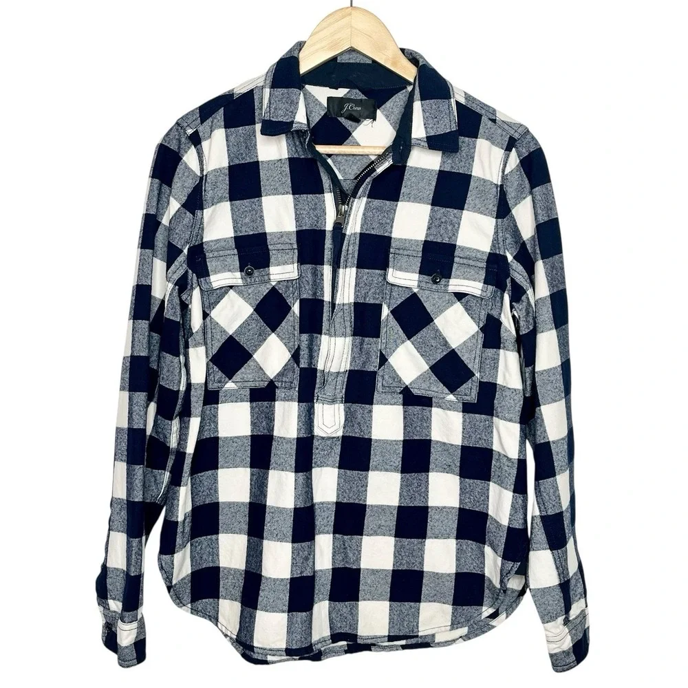 J Crew Buffalo Check Shirt Jacket Navy Womens Small Wool Cotton Shacket